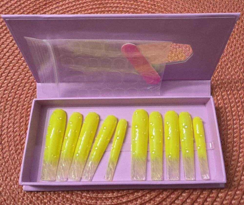 Tmani Extra Long Yellow Ombre Press On Nails 10pc Square Rhinestone Size L